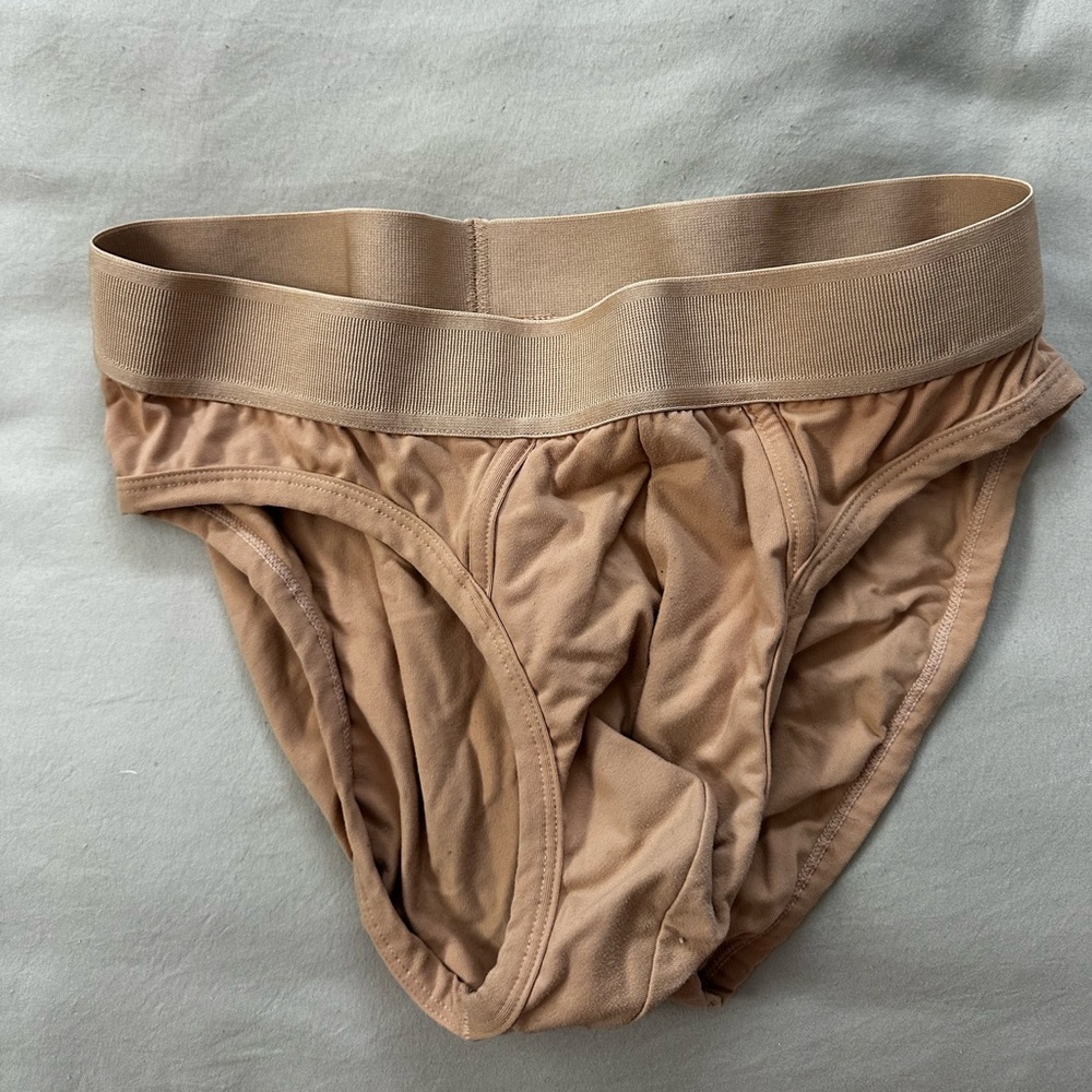 Tan Elastic Waistband Briefs. Cstmizable.